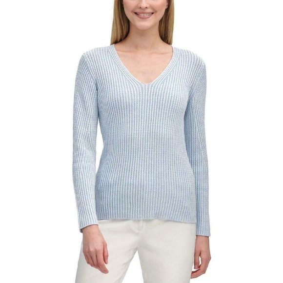 Calvin Klein Womens Ribbed Knit Chain Stitch Shirt V-Neck Sweater Top 369